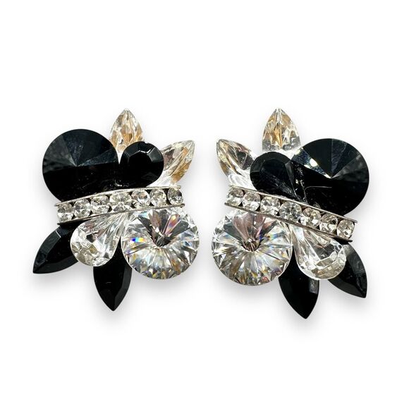 Vintage NELLY Black Clear Rhinestone Cluster Huge Clip Statement Earrings Rare - Picture 1 of 5